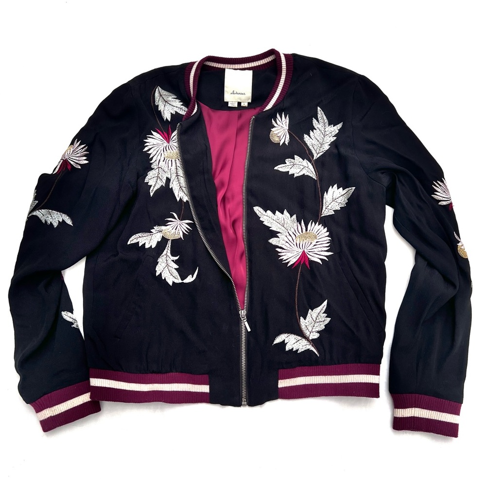 Elevenses Anthropologie Black Embroidered Satin Varsity style Jacket Small